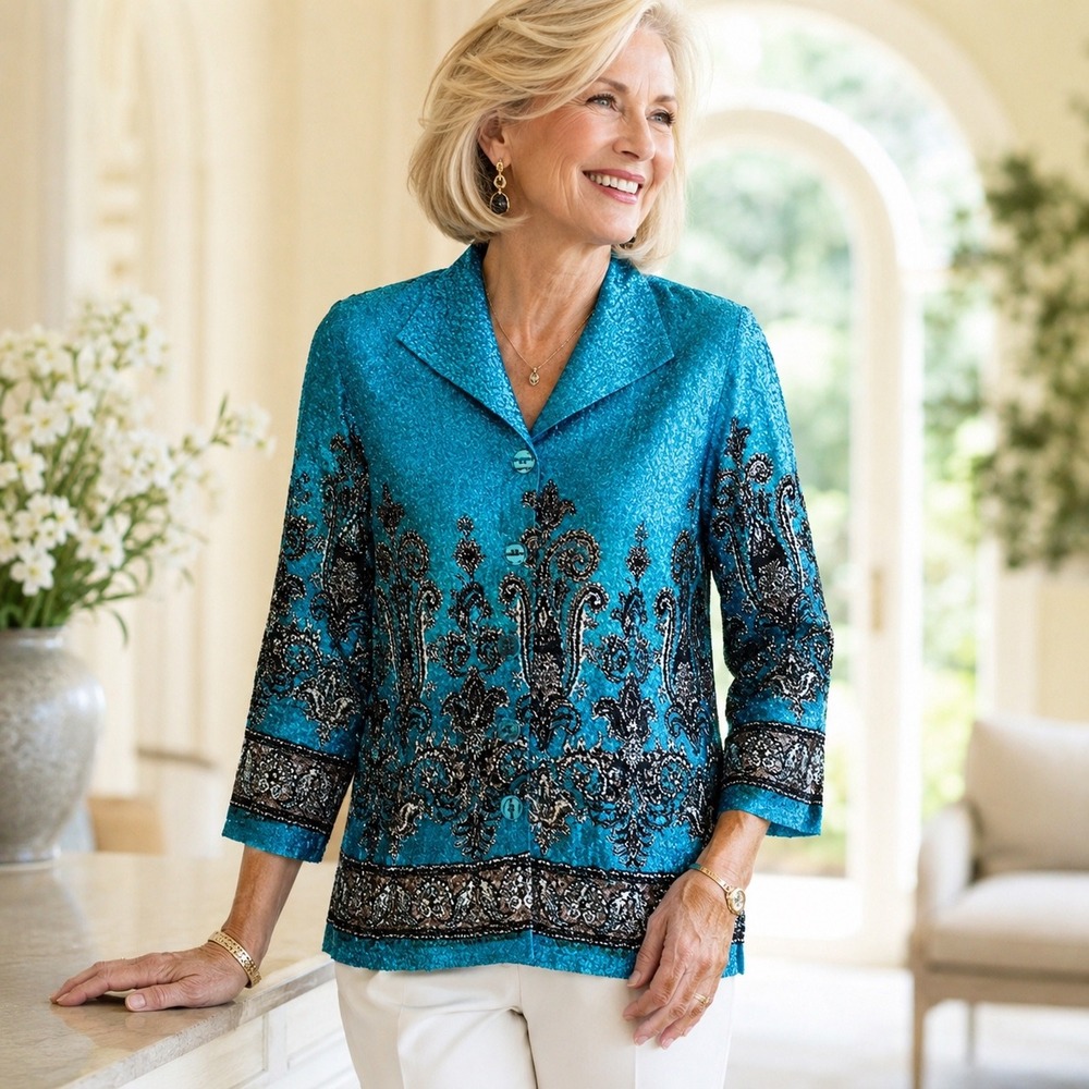 Joni B Womens Turquoise Paisley Crinkle Blouse 3/4 Sleeve Button Front Top Large